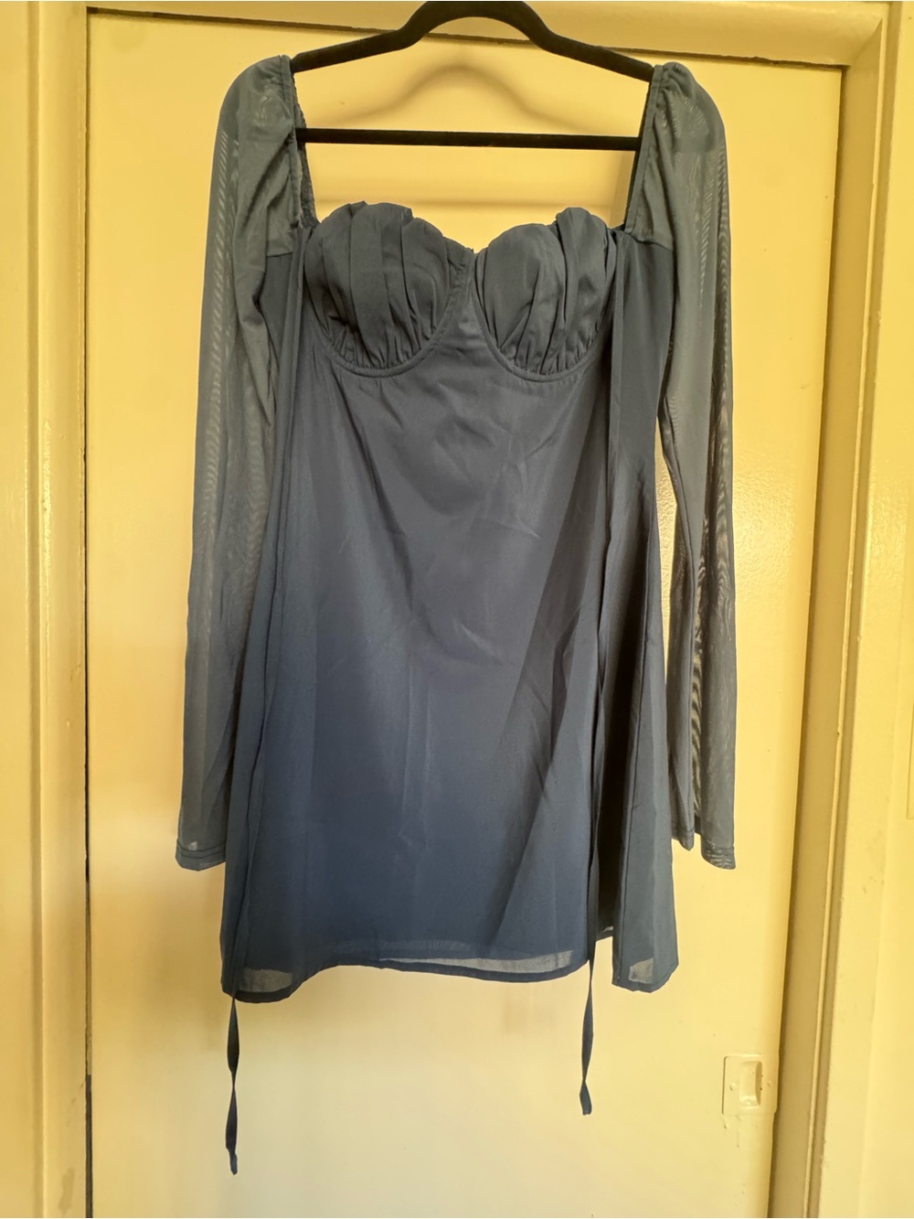 Princess Polly Steel Blue Off-Shoulder Mesh Bustier Mini Dress